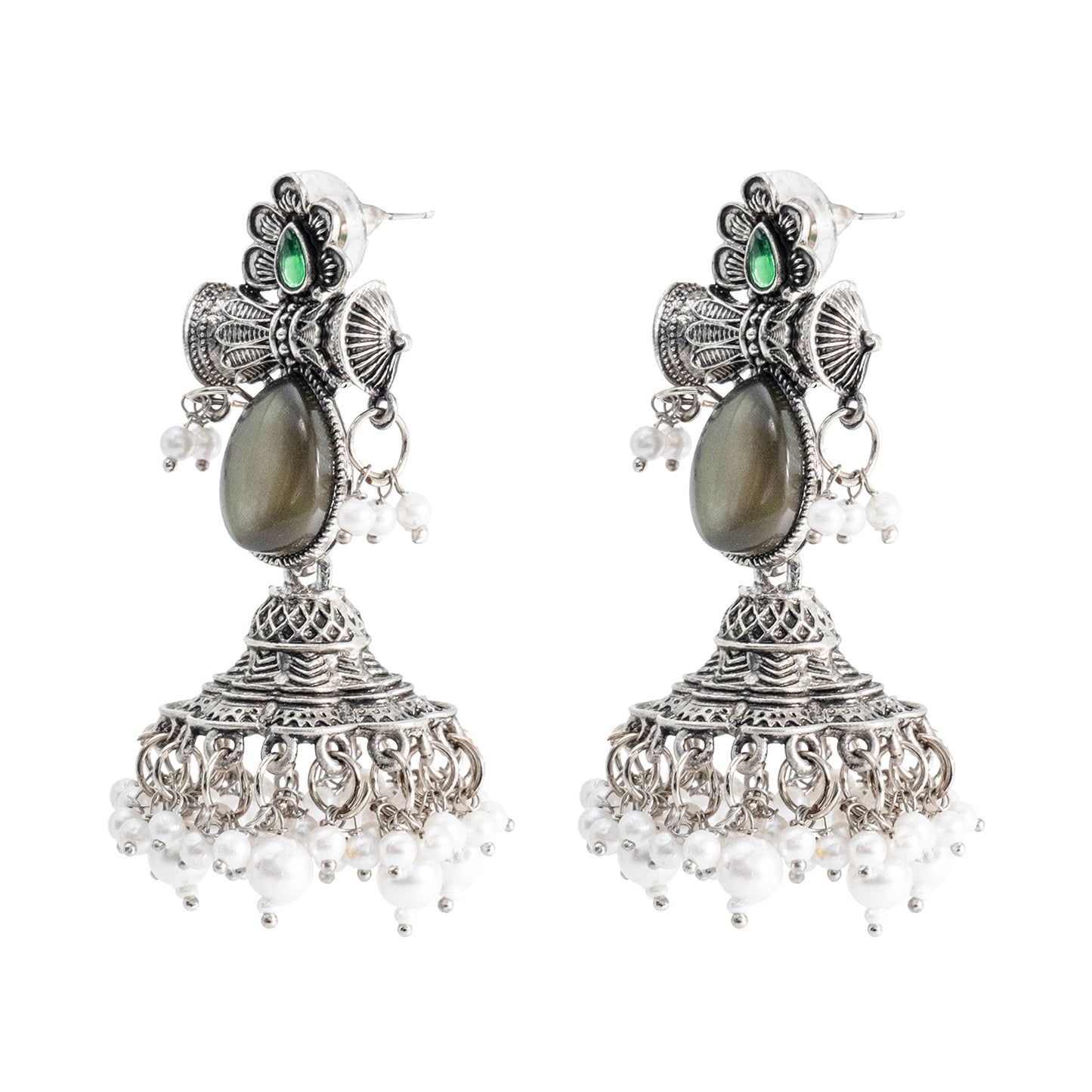 Traditional Indian Matte Silver Oxidised CZ Crystal Studded Damaroo Jhumka Earring For Women- Pink Green (SJE_182_S_P_G)