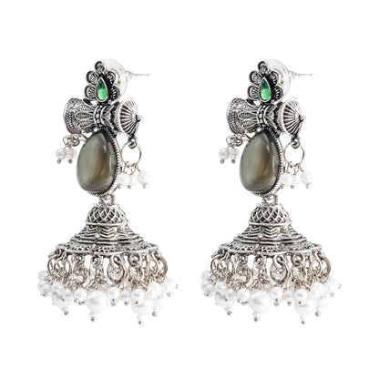 Traditional Indian Matte Silver Oxidised CZ Crystal Studded Damaroo Jhumka Earring For Women- Pink Green (SJE_182_S_P_G)