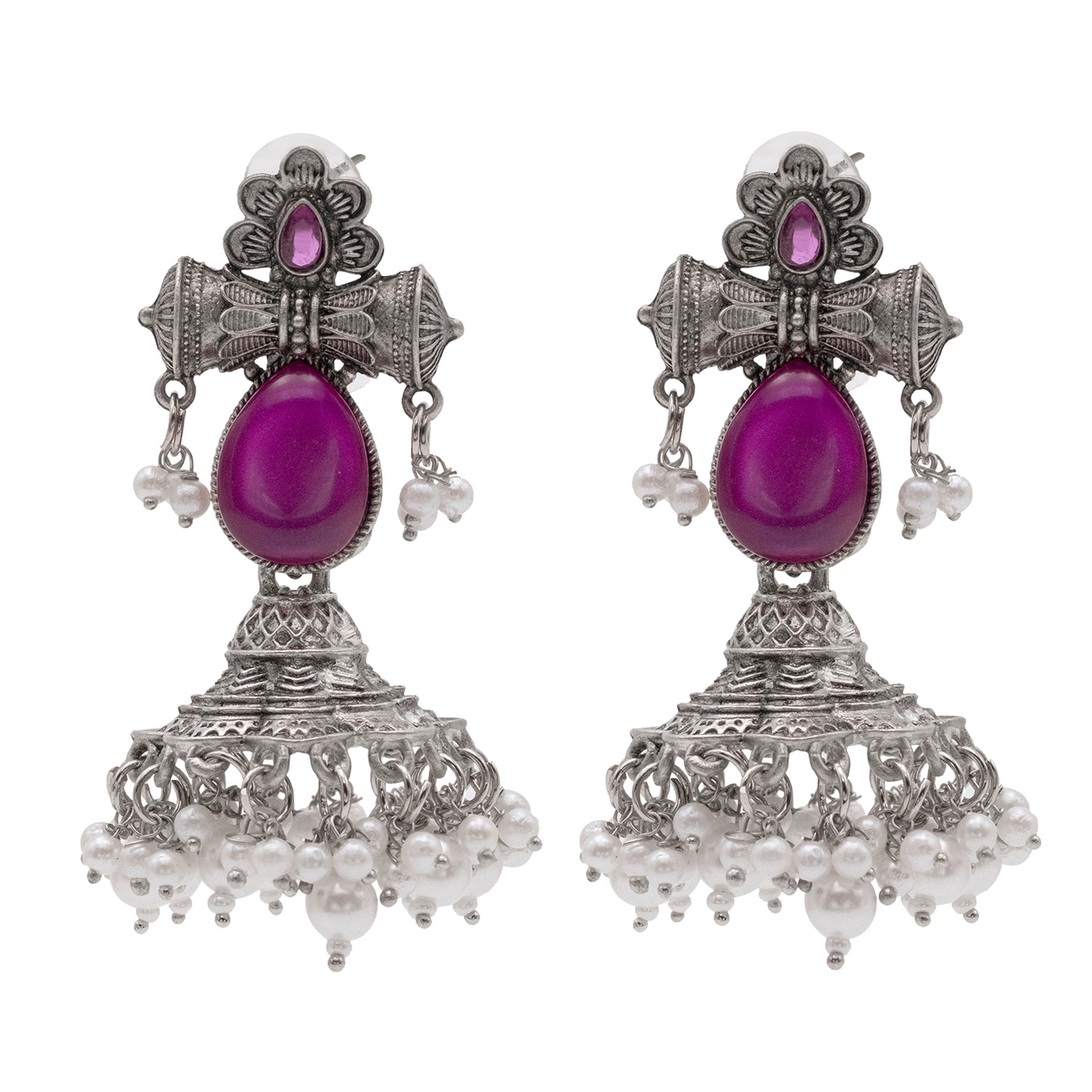 Traditional Indian Matte Silver Oxidised CZ Crystal Studded Damaroo Jhumka Earring For Women- Pink Green (SJE_182_S_P)