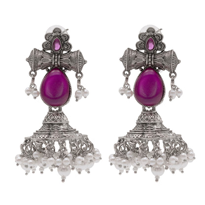 Traditional Indian Matte Silver Oxidised CZ Crystal Studded Damaroo Jhumka Earring For Women- Pink Green (SJE_182_S_P)