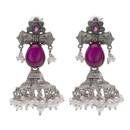 Traditional Indian Matte Silver Oxidised CZ Crystal Studded Damaroo Jhumka Earring For Women- Pink Green (SJE_182_S_P)