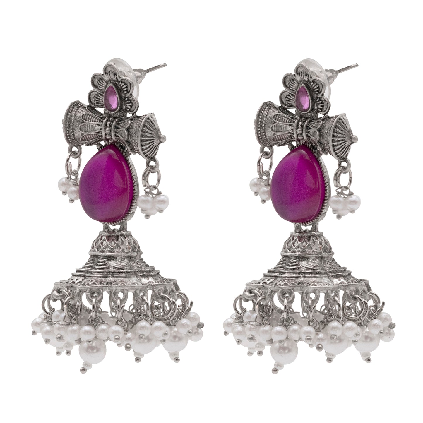 Traditional Indian Matte Silver Oxidised CZ Crystal Studded Damaroo Jhumka Earring For Women- Pink Green (SJE_182_S_P)