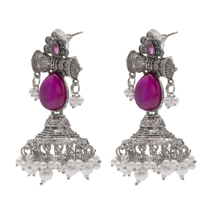 Traditional Indian Matte Silver Oxidised CZ Crystal Studded Damaroo Jhumka Earring For Women- Pink Green (SJE_182_S_P)