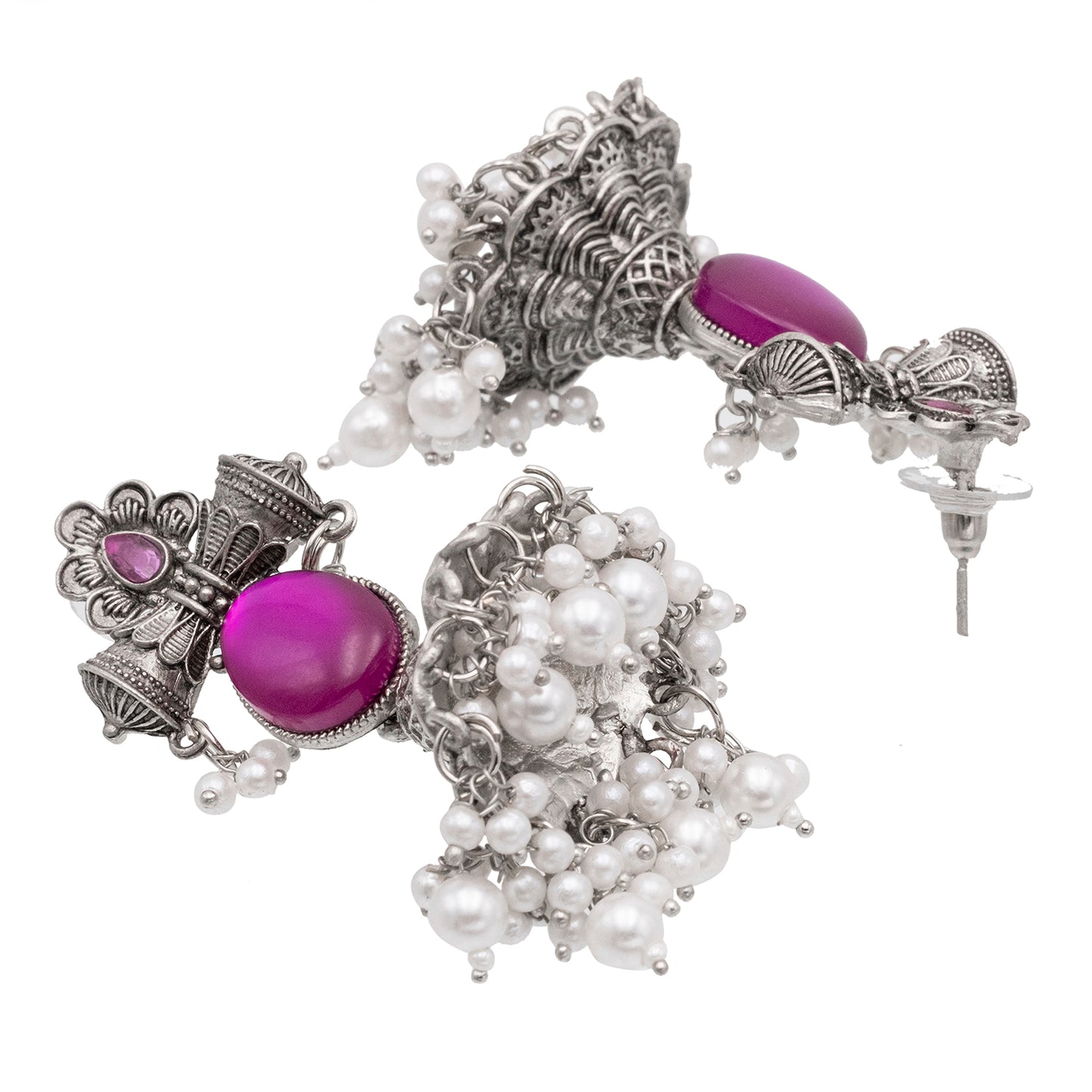 Traditional Indian Matte Silver Oxidised CZ Crystal Studded Damaroo Jhumka Earring For Women- Pink Green (SJE_182_S_P)