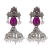 Traditional Indian Matte Silver Oxidised CZ Crystal Studded Damaroo Jhumka Earring For Women- Pink Green (SJE_182_S_P_G)