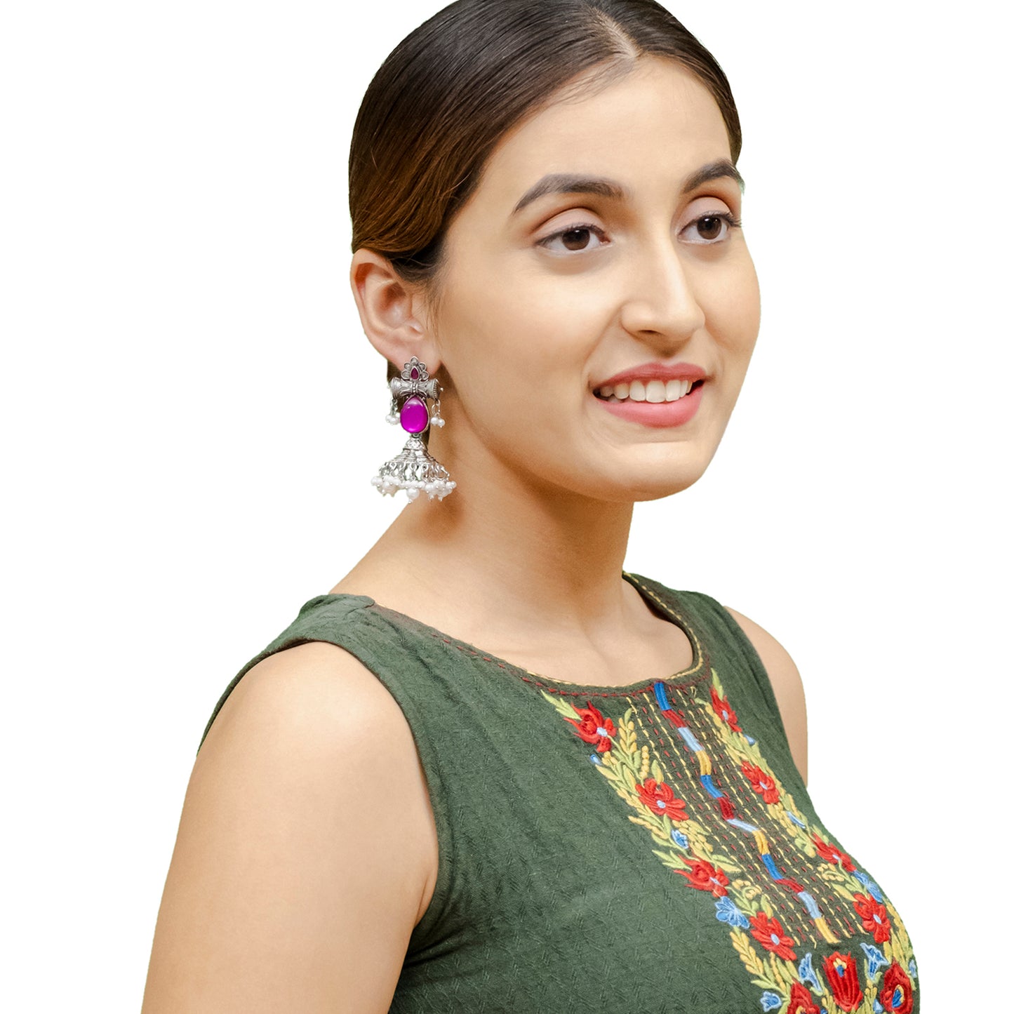 Traditional Indian Matte Silver Oxidised CZ Crystal Studded Damaroo Jhumka Earring For Women- Pink Green (SJE_182_S_P_G)