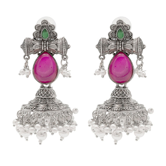 Shining Jewel Traditional Indian Matte Silver Oxidised CZ, Crystal Studded Damroo Jhumka Earring For Women - Silver Ruby Green (SJE_182_S_R_G)