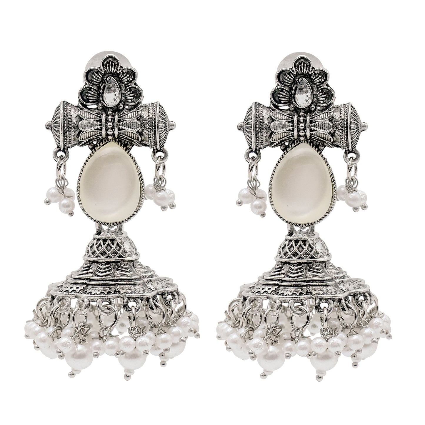 Traditional Indian Matte Silver Oxidised CZ Crystal Studded Damaroo Jhumka Earring For Women- White (SJE_182_S_W)