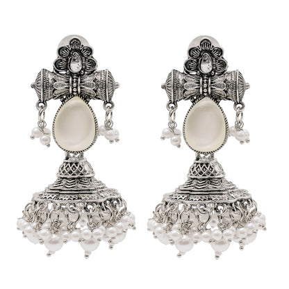 Traditional Indian Matte Silver Oxidised CZ Crystal Studded Damaroo Jhumka Earring For Women- White (SJE_182_S_W)