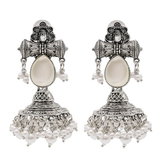 Traditional Indian Matte Silver Oxidised CZ Crystal Studded Damaroo Jhumka Earring For Women- White (SJE_182_S_W)