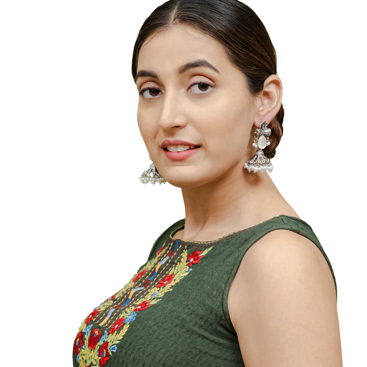 Traditional Indian Matte Silver Oxidised CZ Crystal Studded Damaroo Jhumka Earring For Women- White (SJE_182_S_W)