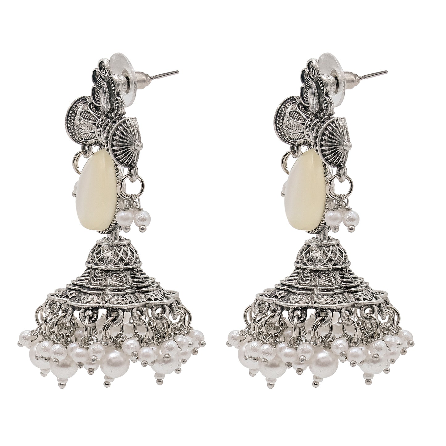 Traditional Indian Matte Silver Oxidised CZ Crystal Studded Damaroo Jhumka Earring For Women- White (SJE_182_S_W)
