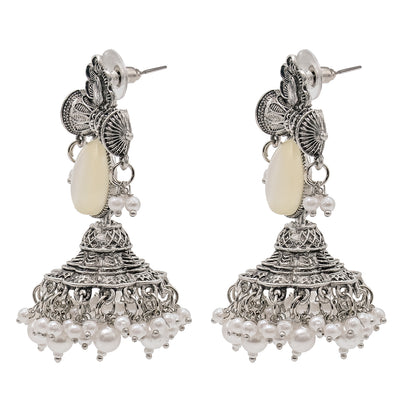 Traditional Indian Matte Silver Oxidised CZ Crystal Studded Damaroo Jhumka Earring For Women- White (SJE_182_S_W)