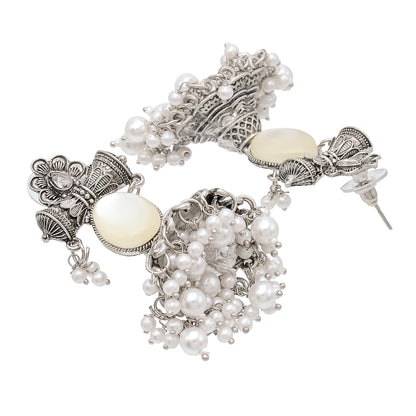 Traditional Indian Matte Silver Oxidised CZ Crystal Studded Damaroo Jhumka Earring For Women- White (SJE_182_S_W)