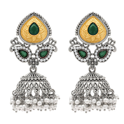 Shining Jewel Traditional Indian Matte Silver Oxidised CZ, Crystal Studded Jhumka Earring For Women - Silver Green (SJE_183_S_G)