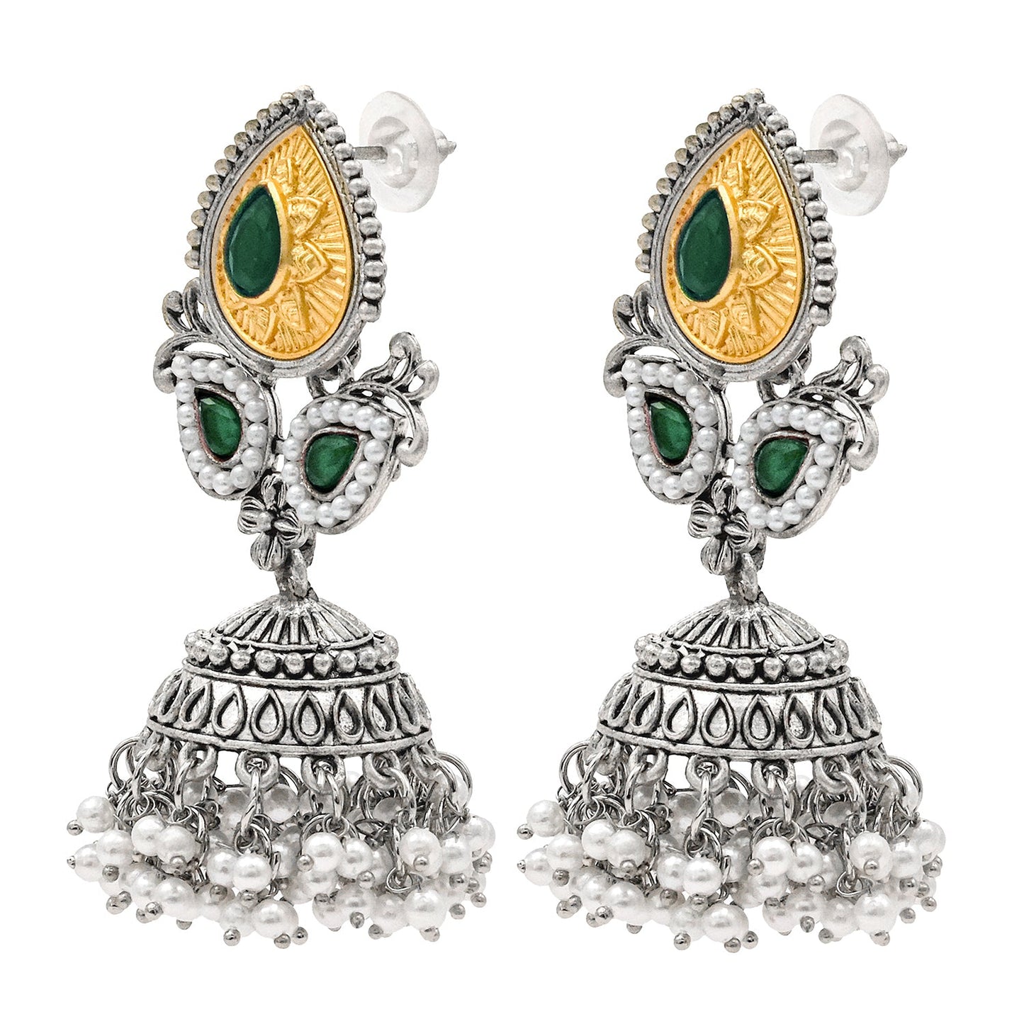 Shining Jewel Traditional Indian Matte Silver Oxidised CZ, Crystal Studded Jhumka Earring For Women - Silver Green (SJE_183_S_G)