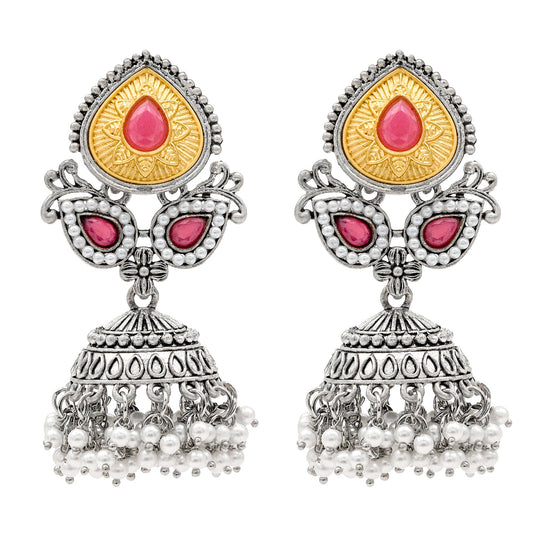 Shining Jewel Traditional Indian Matte Silver Oxidised CZ, Crystal Studded Jhumka Earring For Women - Silver Maroon (SJE_183_S_M)