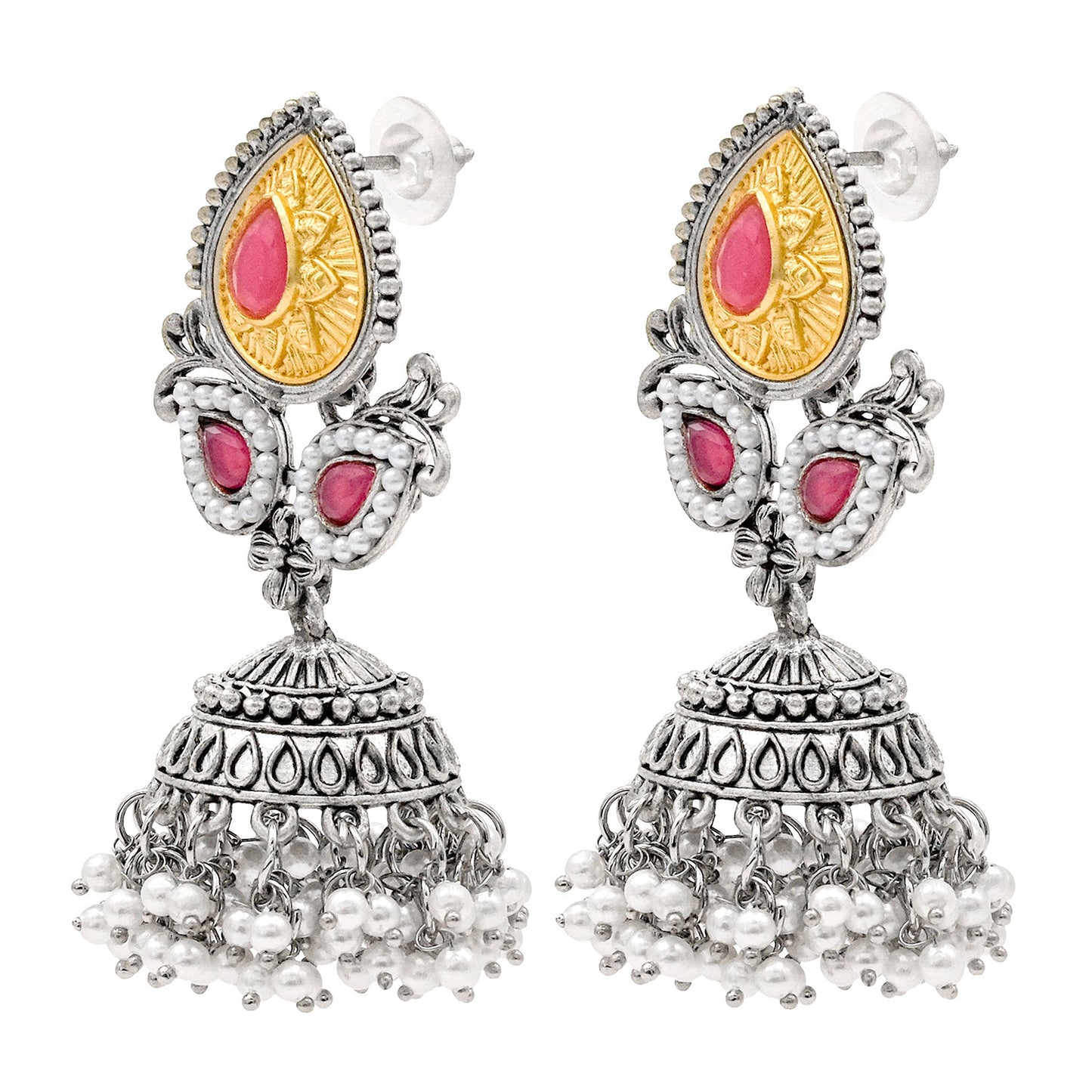 Shining Jewel Traditional Indian Matte Silver Oxidised CZ, Crystal Studded Jhumka Earring For Women - Silver Maroon (SJE_183_S_M)