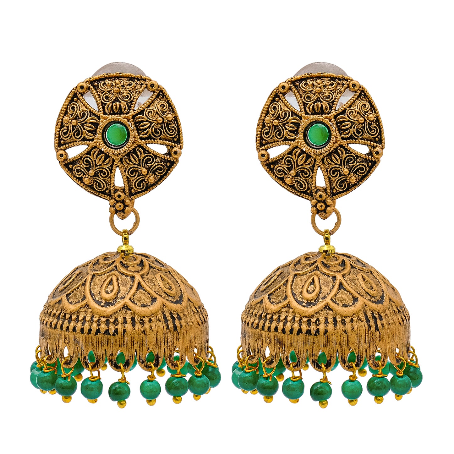 Traditional Indian Matte Gold Oxidised CZ Crystal Studded Jhumka Earring For Women-Gold Maroon (SJE_184_G_M)