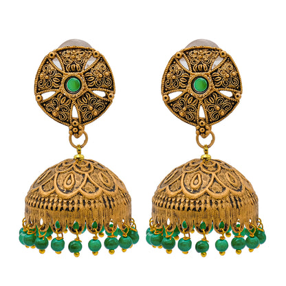 Traditional Indian Matte Gold Oxidised CZ Crystal Studded Jhumka Earring For Women-Gold Maroon (SJE_184_G_M)