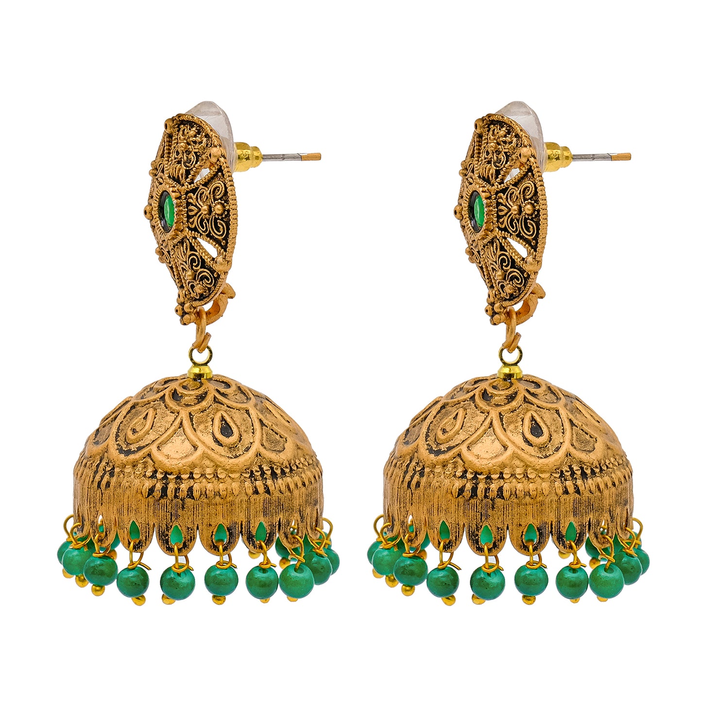 Traditional Indian Matte Gold Oxidised CZ Crystal Studded Jhumka Earring For Women-Gold Maroon (SJE_184_G_M)