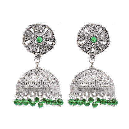 Shining Jewel Traditional Indian Matte Silver Oxidised CZ, Crystal Studded Jhumka Earring For Women - Silver Green (SJE_184_S_G)