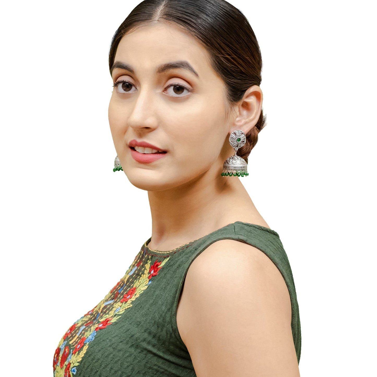 Shining Jewel Traditional Indian Matte Silver Oxidised CZ, Crystal Studded Jhumka Earring For Women - Silver Green (SJE_184_S_G)