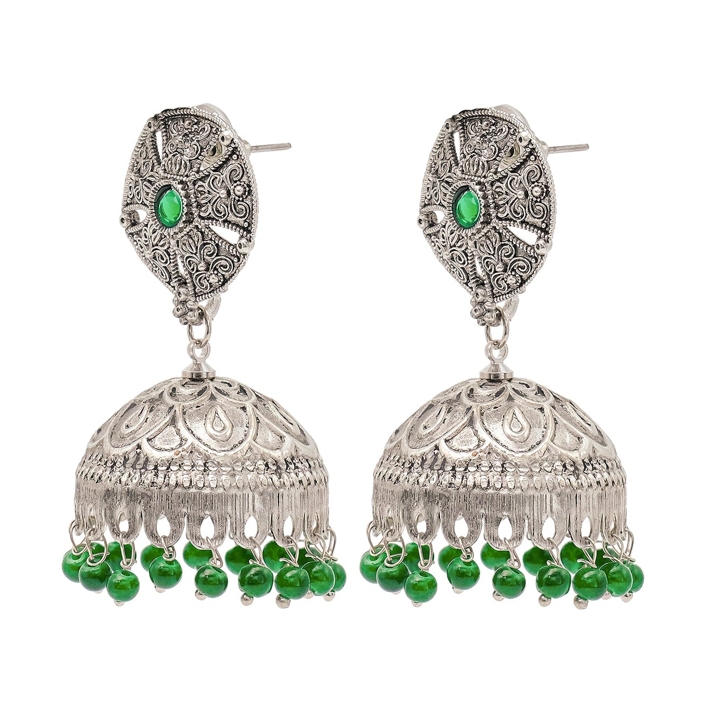 Shining Jewel Traditional Indian Matte Silver Oxidised CZ, Crystal Studded Jhumka Earring For Women - Silver Green (SJE_184_S_G)