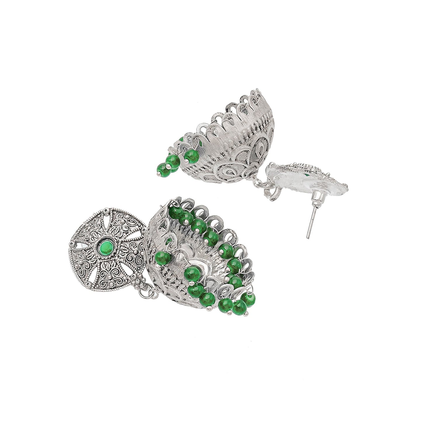 Shining Jewel Traditional Indian Matte Silver Oxidised CZ, Crystal Studded Jhumka Earring For Women - Silver Green (SJE_184_S_G)