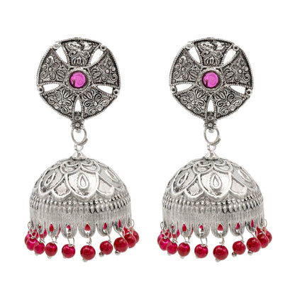 Shining Jewel Traditional Indian Matte Silver Oxidised CZ, Crystal Studded Jhumka Earring For Women - Silver Maroon (SJE_184_S_M)