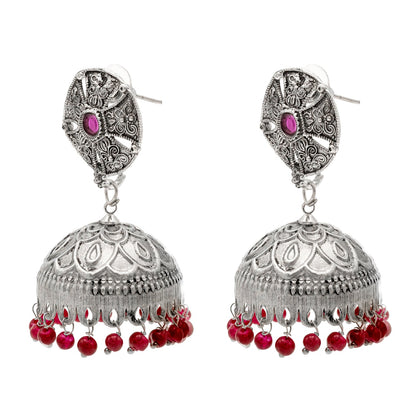 Shining Jewel Traditional Indian Matte Silver Oxidised CZ, Crystal Studded Jhumka Earring For Women - Silver Maroon (SJE_184_S_M)