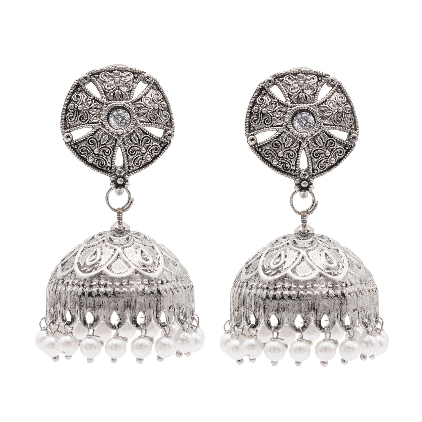 Shining Jewel Traditional Indian Matte Silver Oxidised CZ, Crystal Studded Jhumka Earring For Women - Silver White (SJE_184_S_W)