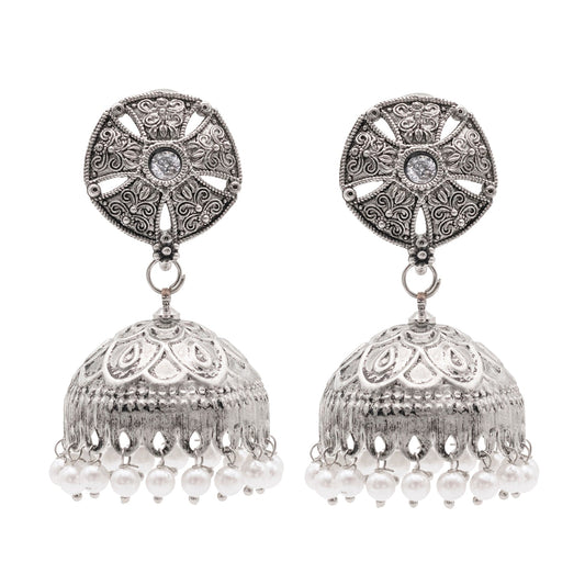 Shining Jewel Traditional Indian Matte Silver Oxidised CZ, Crystal Studded Jhumka Earring For Women - Silver White (SJE_184_S_W)