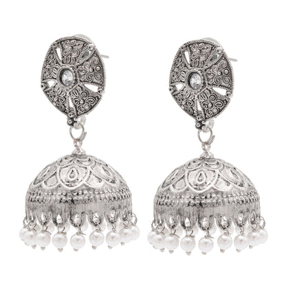 Shining Jewel Traditional Indian Matte Silver Oxidised CZ, Crystal Studded Jhumka Earring For Women - Silver White (SJE_184_S_W)