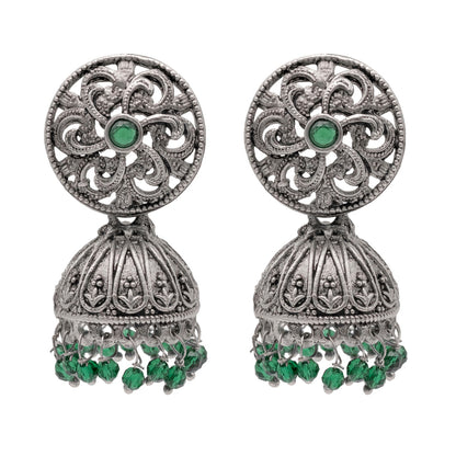 Shining Jewel Traditional Indian Matte Silver Oxidised CZ, Crystal Studded Jhumka Earring For Women - Silver Green (SJE_185_S_G)