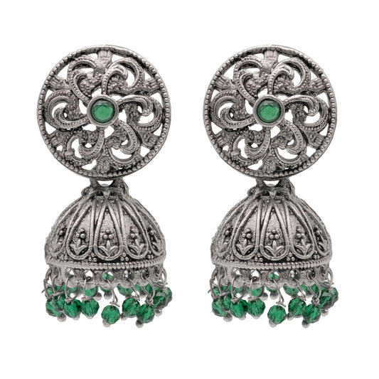 Shining Jewel Traditional Indian Matte Silver Oxidised CZ, Crystal Studded Jhumka Earring For Women - Silver Green (SJE_185_S_G)