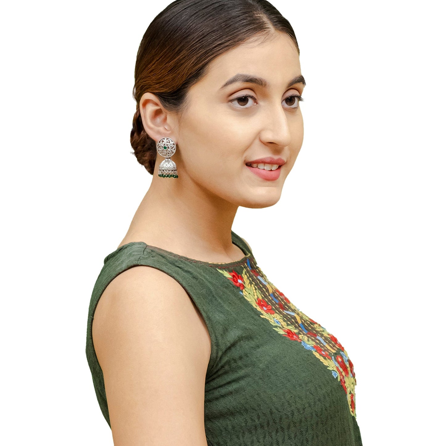 Shining Jewel Traditional Indian Matte Silver Oxidised CZ, Crystal Studded Jhumka Earring For Women - Silver Green (SJE_185_S_G)