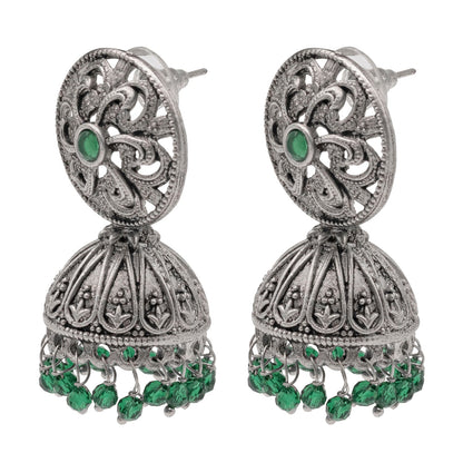 Shining Jewel Traditional Indian Matte Silver Oxidised CZ, Crystal Studded Jhumka Earring For Women - Silver Green (SJE_185_S_G)