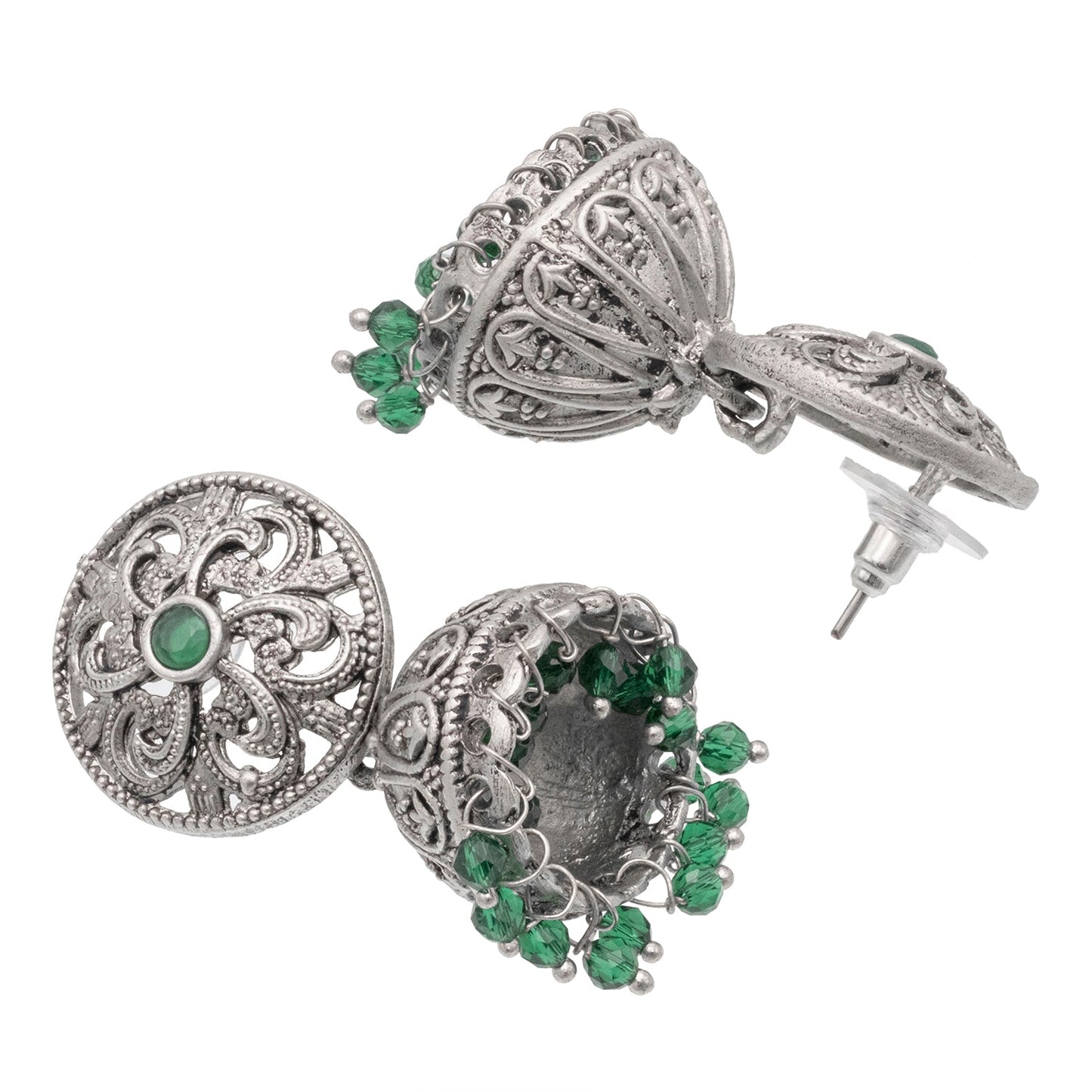 Shining Jewel Traditional Indian Matte Silver Oxidised CZ, Crystal Studded Jhumka Earring For Women - Silver Green (SJE_185_S_G)