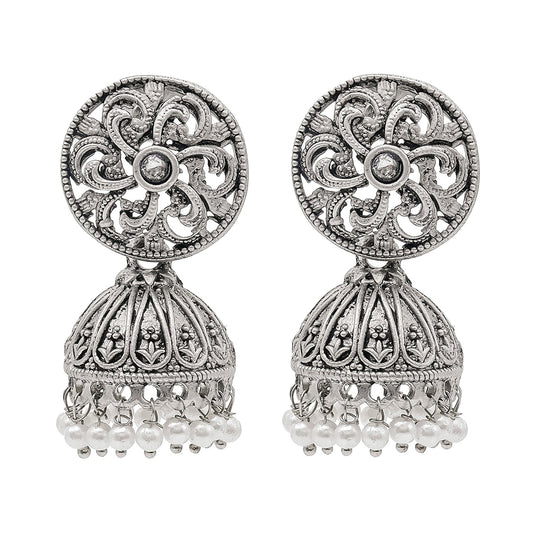 Shining Jewel Traditional Indian Matte Silver Oxidised CZ, Crystal Studded Jhumka Earring For Women - Silver White (SJE_184_S_W)