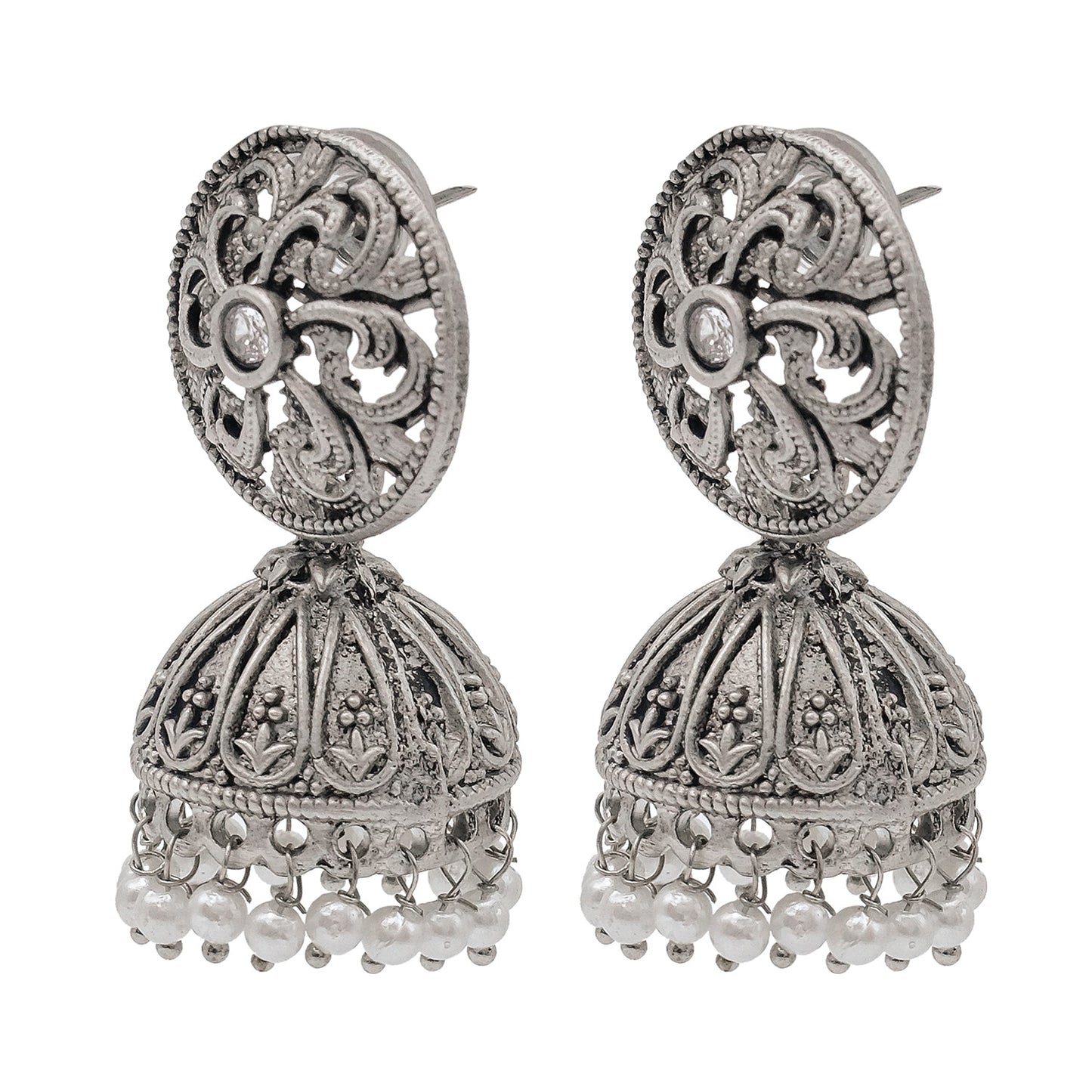 Shining Jewel Traditional Indian Matte Silver Oxidised CZ, Crystal Studded Jhumka Earring For Women - Silver White (SJE_184_S_W)