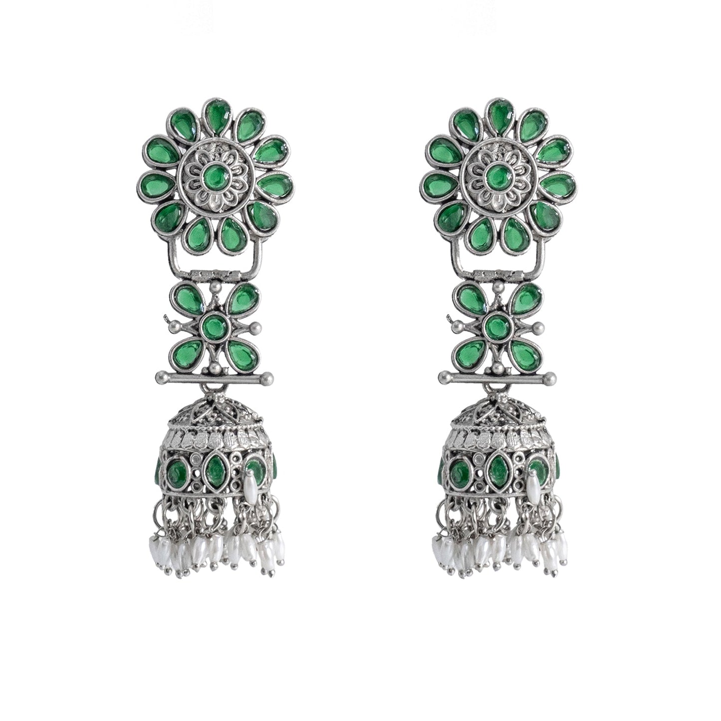 Shining Jewel Traditional Indian Matte Silver Oxidised CZ, Crystal Studded Jhumka Earring For Women - Silver Green (SJE_186_S_G)