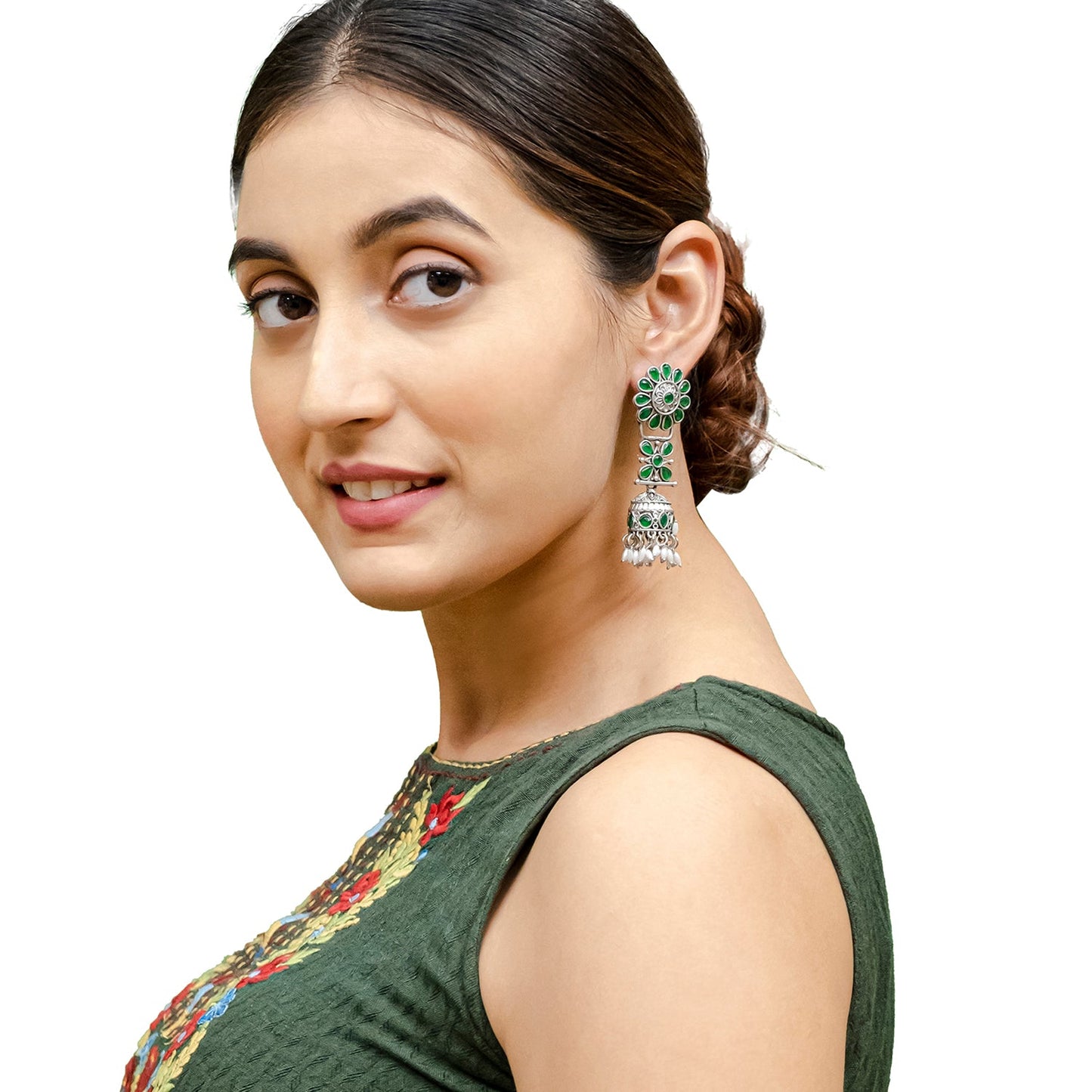 Shining Jewel Traditional Indian Matte Silver Oxidised CZ, Crystal Studded Jhumka Earring For Women - Silver Green (SJE_186_S_G)