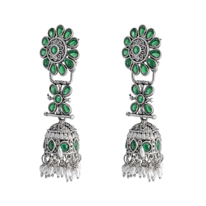 Shining Jewel Traditional Indian Matte Silver Oxidised CZ, Crystal Studded Jhumka Earring For Women - Silver Green (SJE_186_S_G)