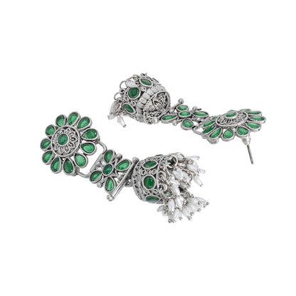 Shining Jewel Traditional Indian Matte Silver Oxidised CZ, Crystal Studded Jhumka Earring For Women - Silver Green (SJE_186_S_G)