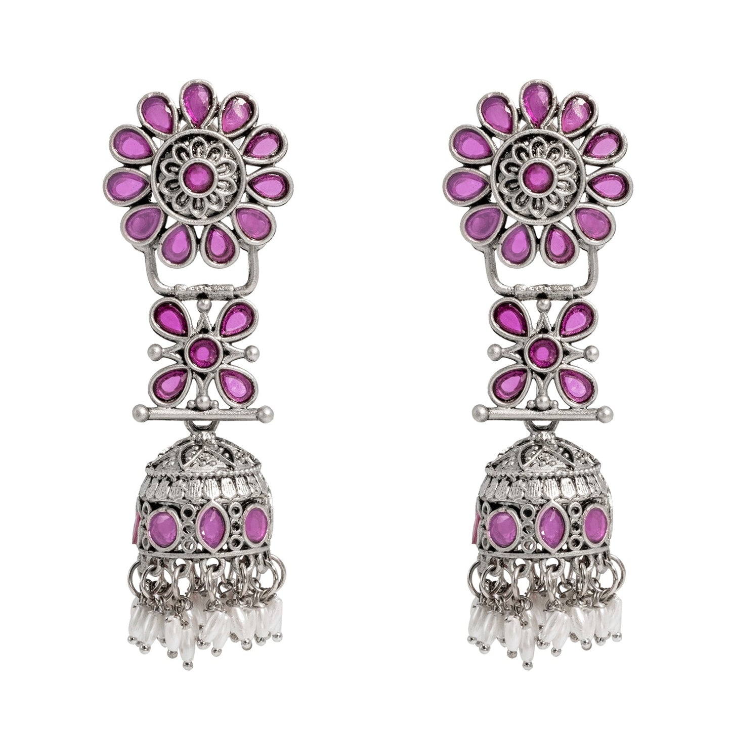 Shining Jewel Traditional Indian Matte Silver Oxidised CZ, Crystal Studded Jhumka Earring For Women - Silver Maroon (SJE_186_S_M)