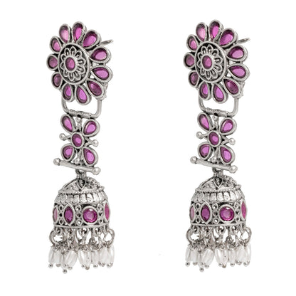 Shining Jewel Traditional Indian Matte Silver Oxidised CZ, Crystal Studded Jhumka Earring For Women - Silver Maroon (SJE_186_S_M)