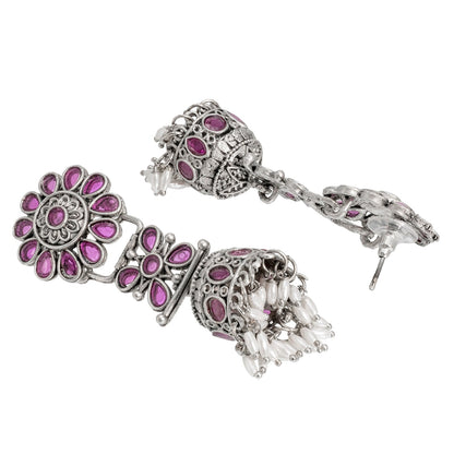 Shining Jewel Traditional Indian Matte Silver Oxidised CZ, Crystal Studded Jhumka Earring For Women - Silver Maroon (SJE_186_S_M)