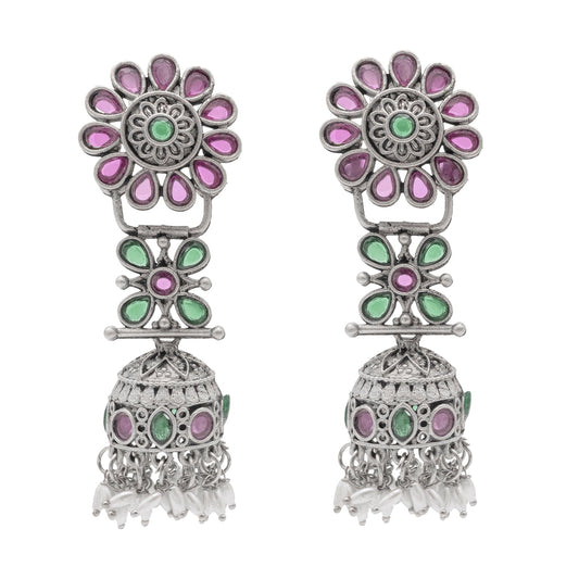 Shining Jewel Traditional Indian Matte Silver Oxidised CZ, Crystal Studded Jhumka Earring For Women - Silver Ruby Green (SJE_186_S_R_G)