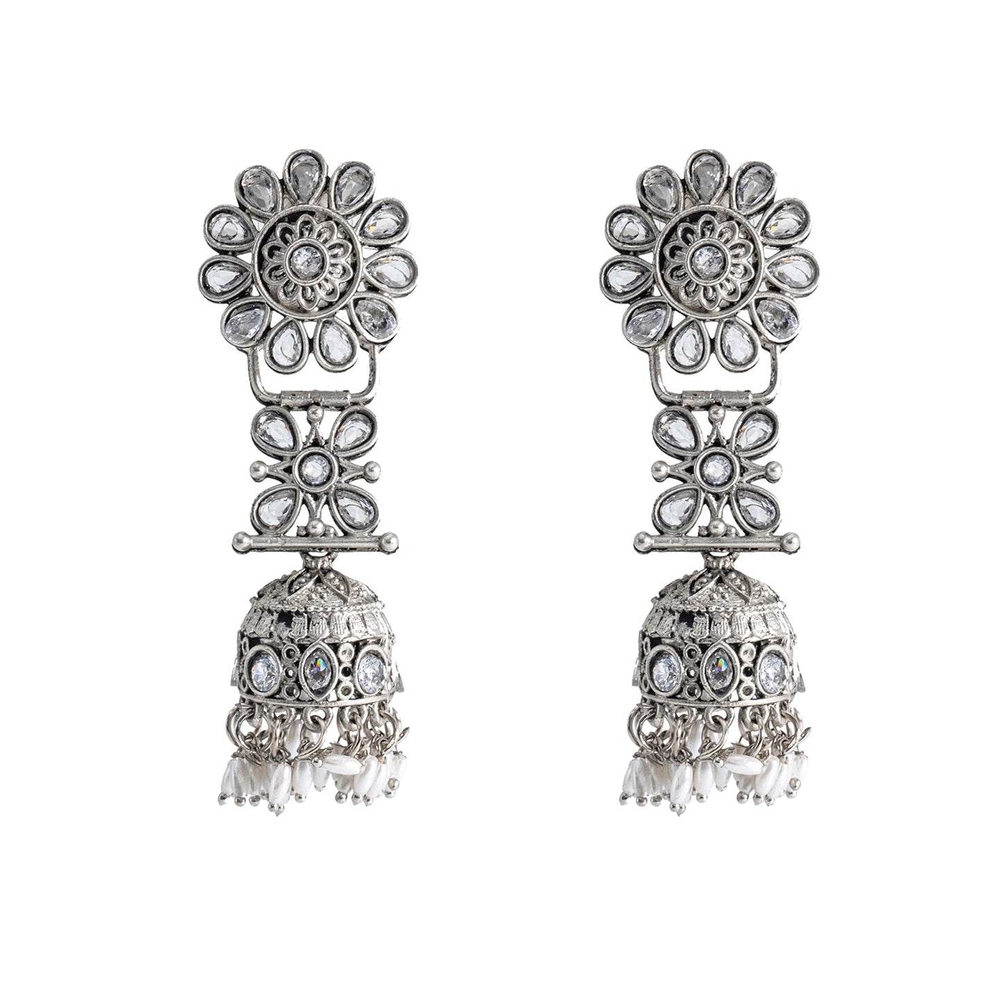 Shining Jewel Traditional Indian Matte Silver Oxidised CZ, Crystal Studded Jhumka Earring For Women - Silver White (SJE_186_S_W)